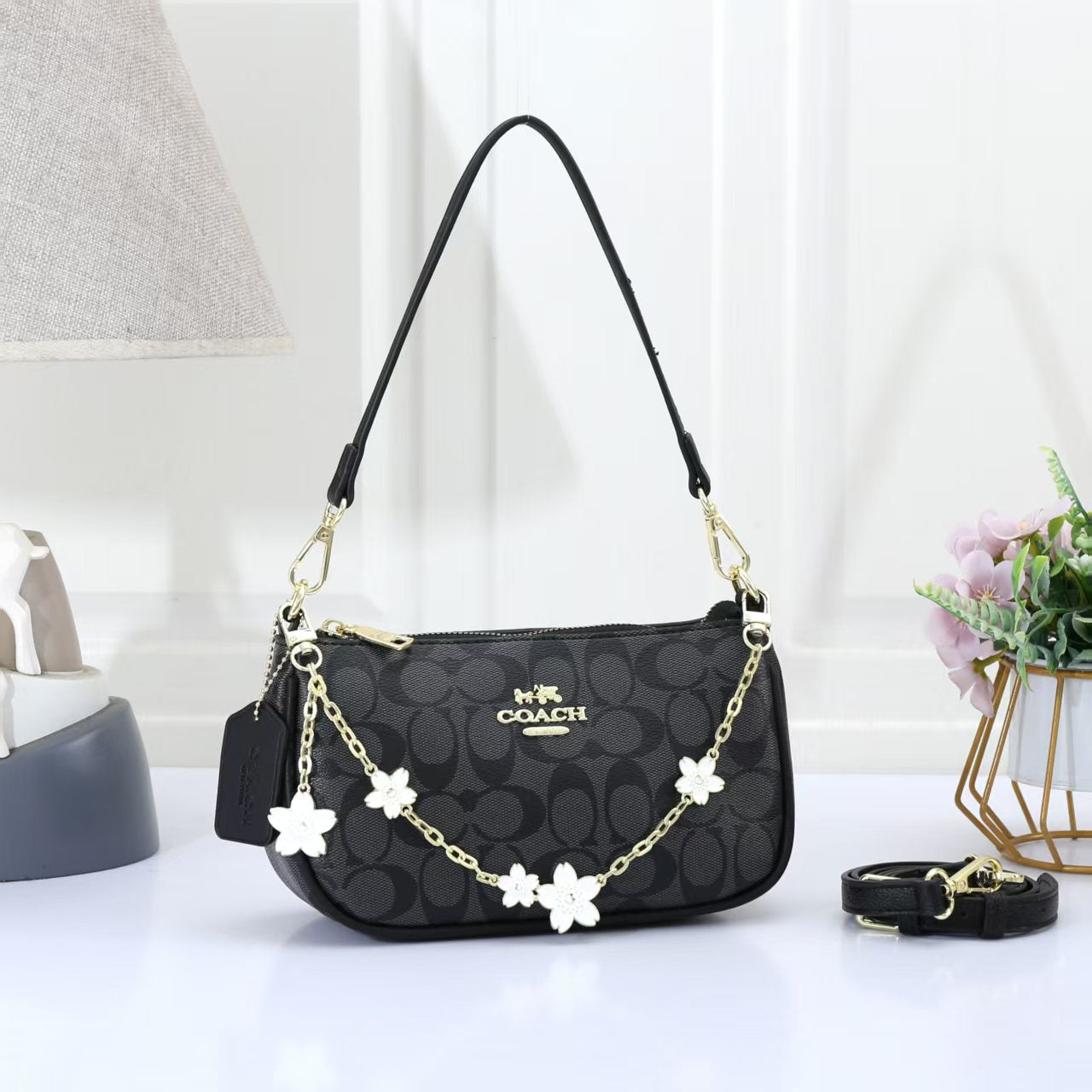 Mini Shoulder Bag with Floral Chain Charm