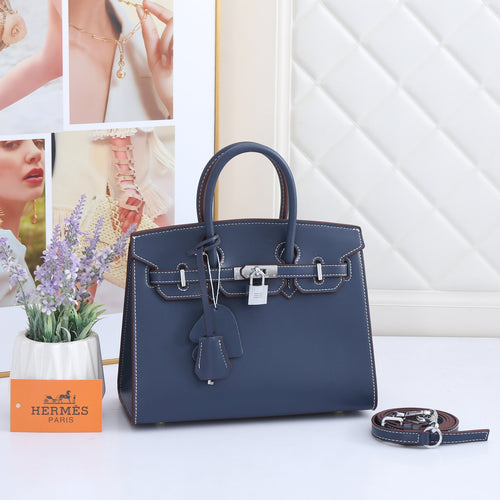 Birkin-Style Handbag With White Contrast Stitching & Silver Hardware