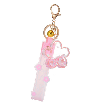 Cartoon Quicksand Cherry Blossom Keychain Acrylic Transparent Flower Oil Drift Bottle Bag Pedants Hangings