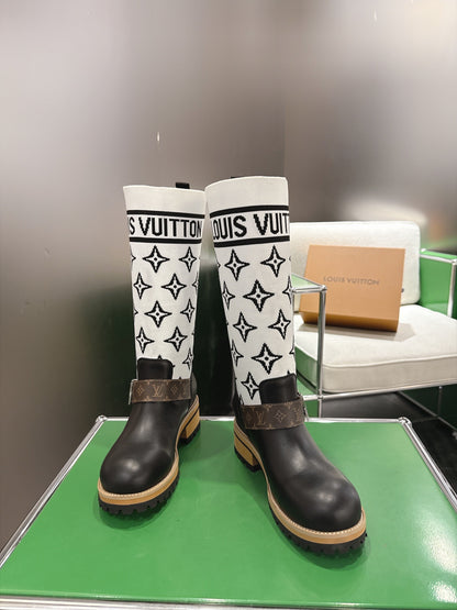 Tall Boots With Striking Black Lower Boot with White Monogram Shaft