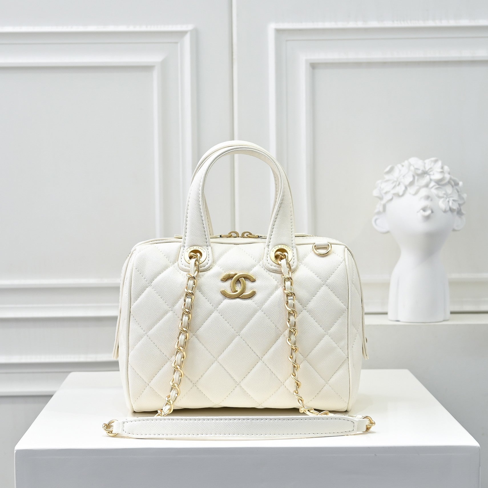 Caviar Quilted Small Bowling Bag White