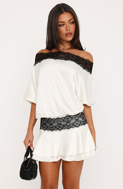 Am I Yours Off Shoulder Satin Mini Dress Cream/Black