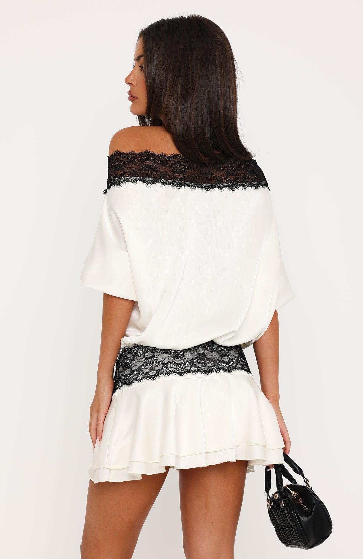 Am I Yours Off Shoulder Satin Mini Dress Cream/Black
