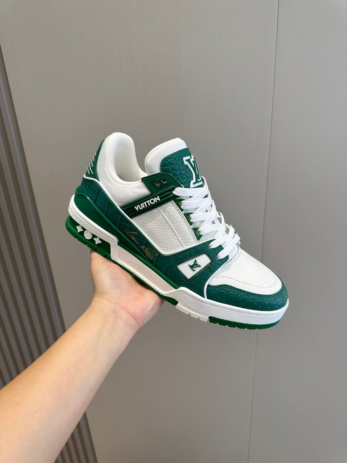 LV Trainer In Green And White With Textured Monogram Finish