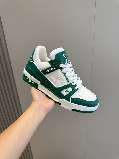 LV Trainer In Green And White With Textured Monogram Finish