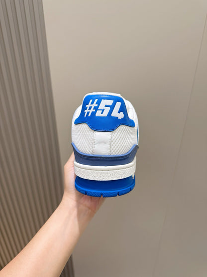 White And Royal Blue LV Trainer Sneakers