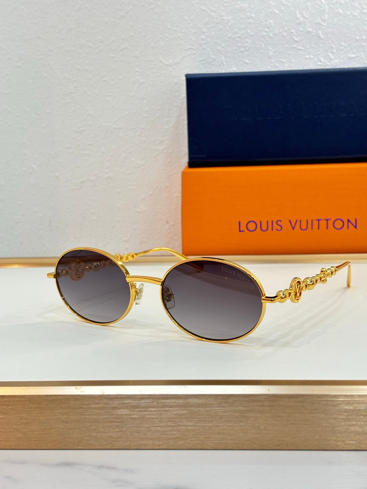 Gold-Toned Round Sunglasses With Elegant, Ornate LV Signature Details