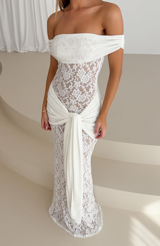 Best Dressed Off Shoulder Lace Maxi Dress White