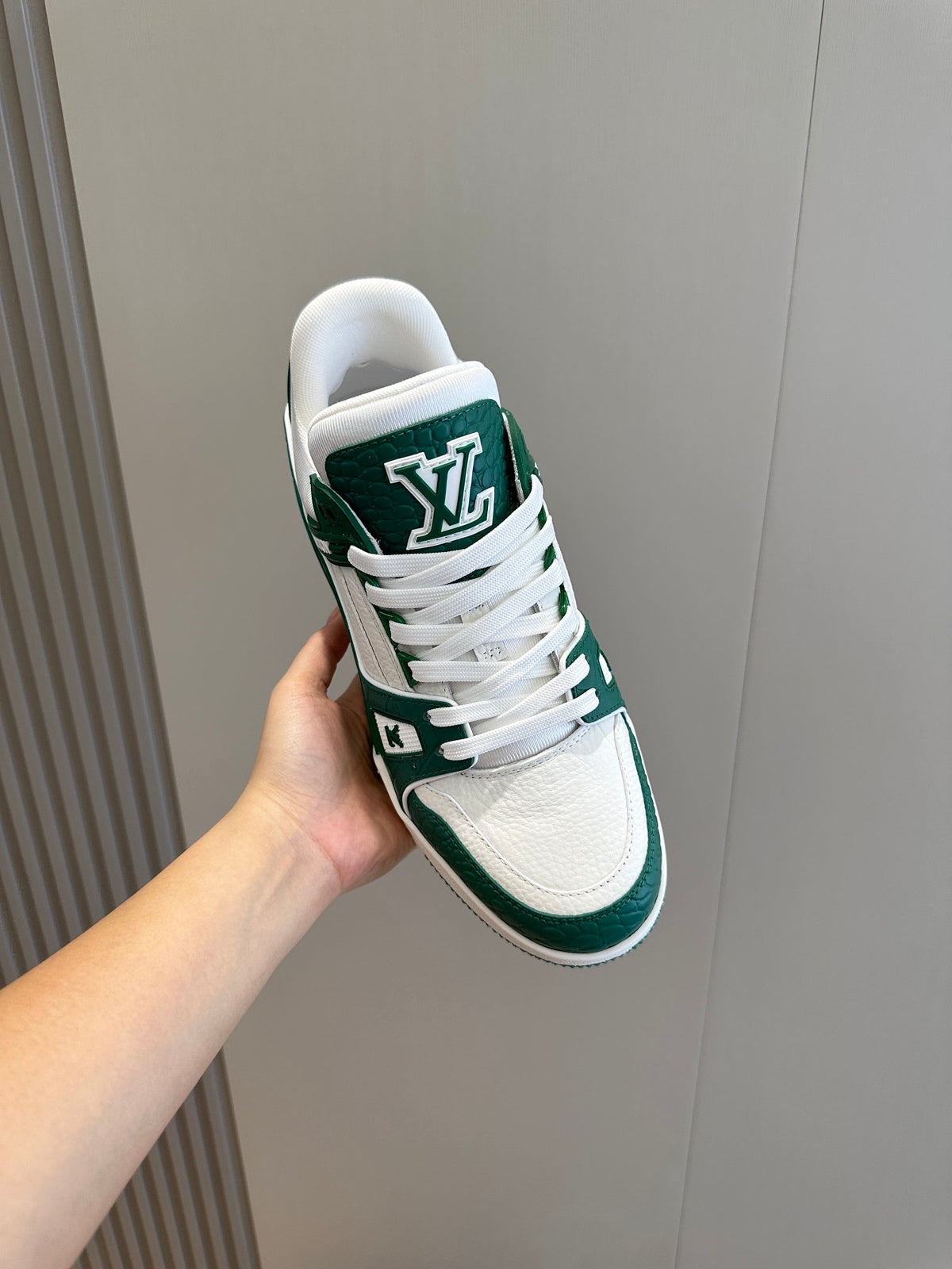 LV Trainer In Green And White With Textured Monogram Finish