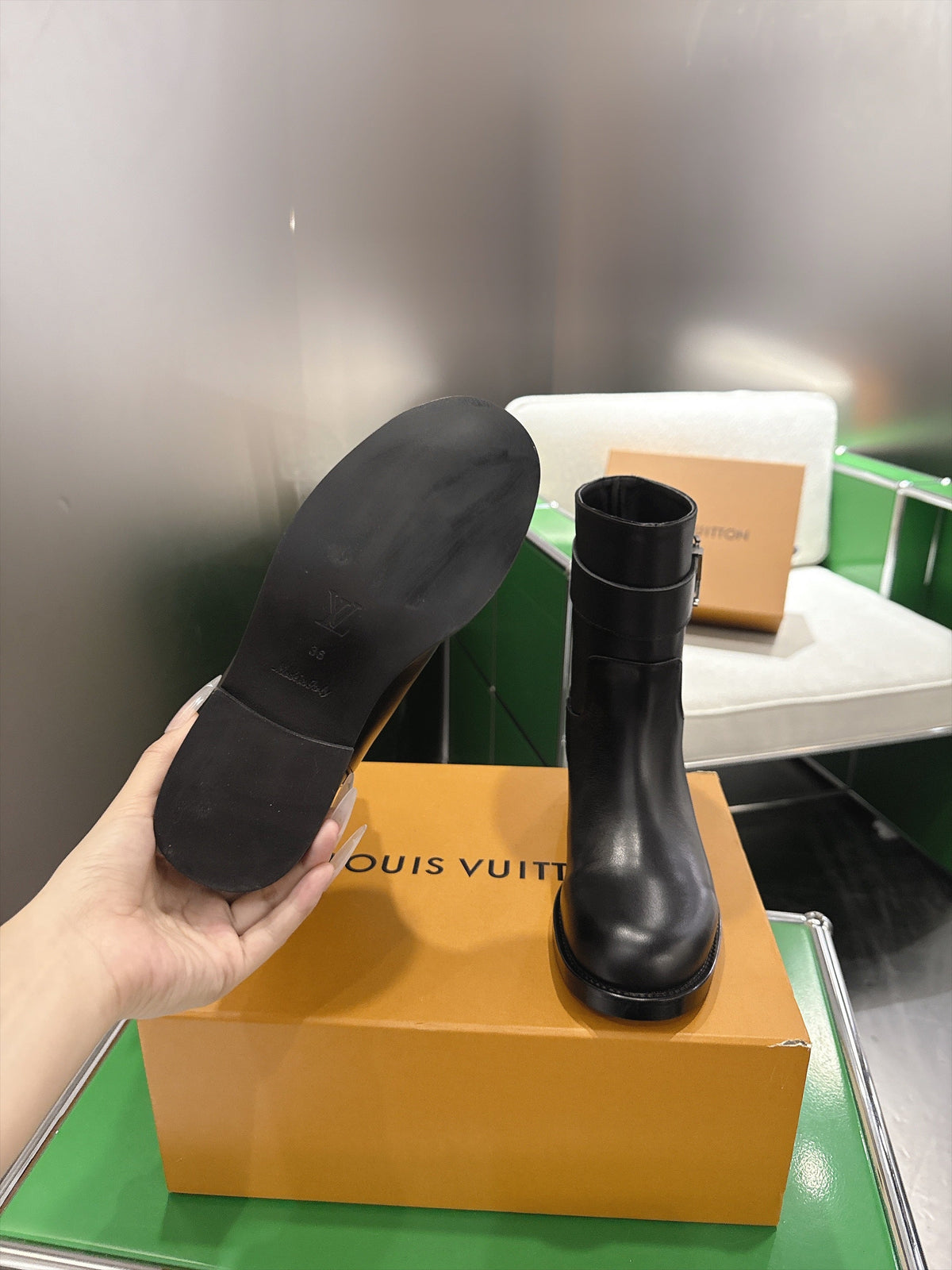 LV Black Mid-Calf Boots With  Decorative Strap And Buckle Detail