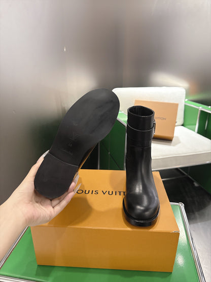 LV Black Mid-Calf Boots With  Decorative Strap And Buckle Detail