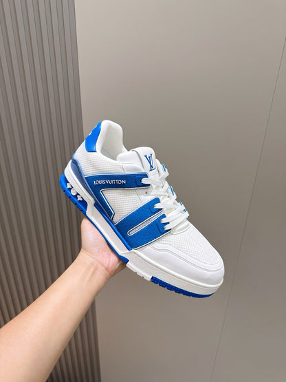 White And Royal Blue LV Trainer Sneakers