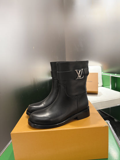 LV Black Mid-Calf Boots With  Decorative Strap And Buckle Detail