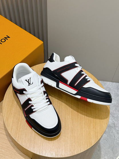 LV Trainer Sneakers In White, Black, And Red Colorway