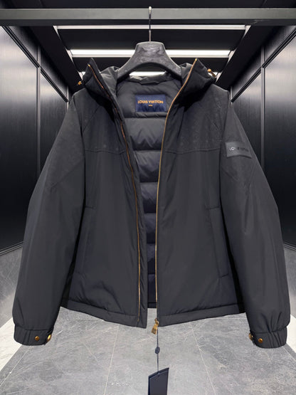 Black Men Hooded Jacket With Monogram Pattern