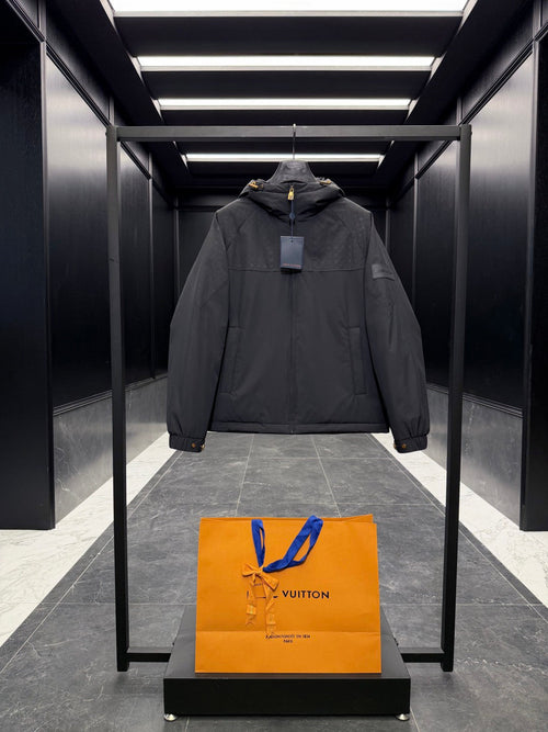 Black Men Hooded Jacket With Monogram Pattern
