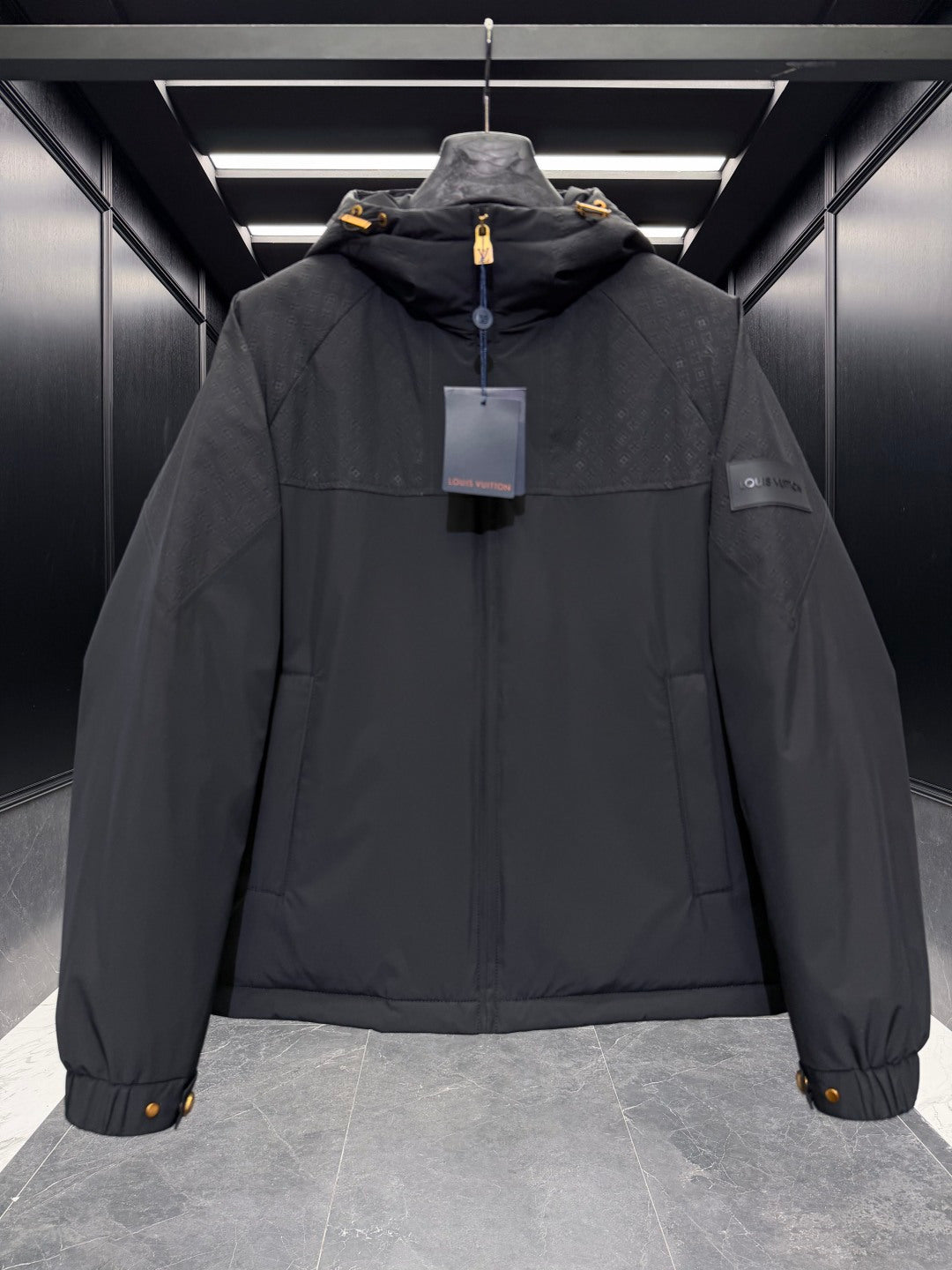 Black Men Hooded Jacket With Monogram Pattern