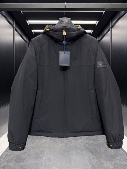 Black Men Hooded Jacket With Monogram Pattern