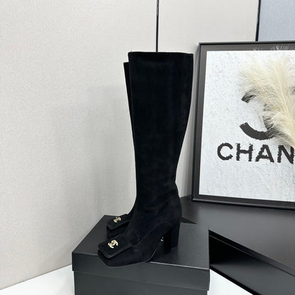 Black Suede Knee-High Heeled Boots Featuring A Square Toe And Gold-Toned Buckle Detail