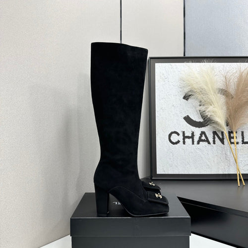 Black Suede Knee-High Heeled Boots Featuring A Square Toe And Gold-Toned Buckle Detail