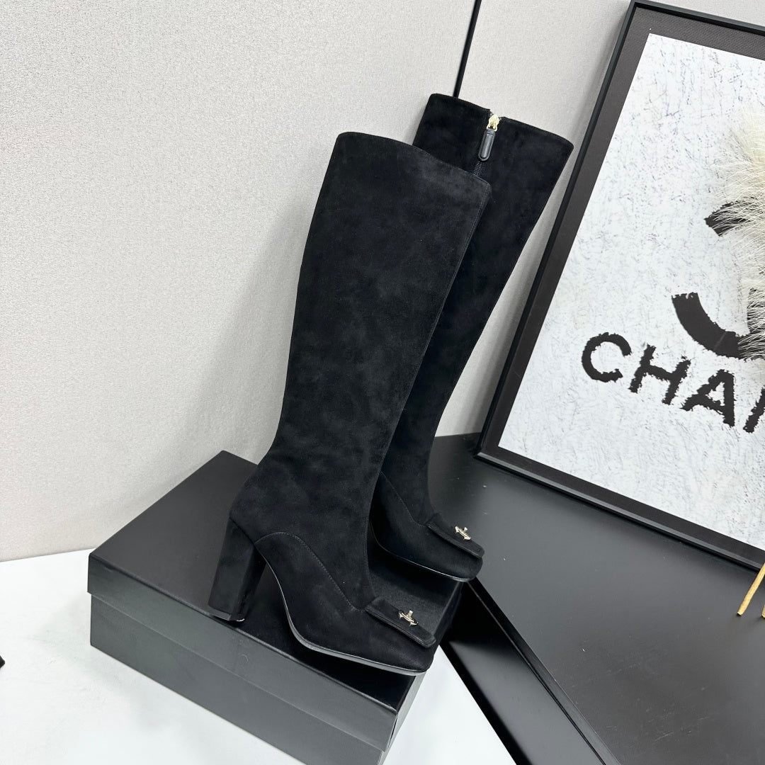Black Suede Knee-High Heeled Boots Featuring A Square Toe And Gold-Toned Buckle Detail