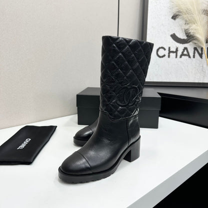 Quilted CC Logo Mid-Calf Combat Leather Boots