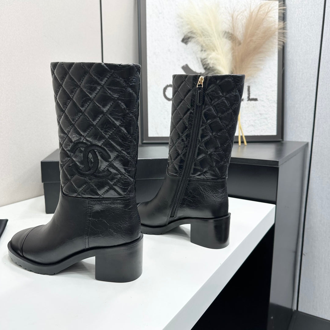 Quilted CC Logo Mid-Calf Combat Leather Boots