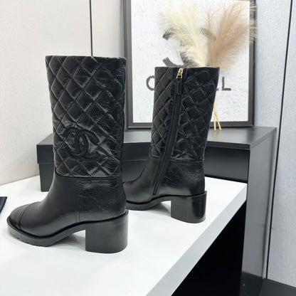 Quilted CC Logo Mid-Calf Combat Leather Boots
