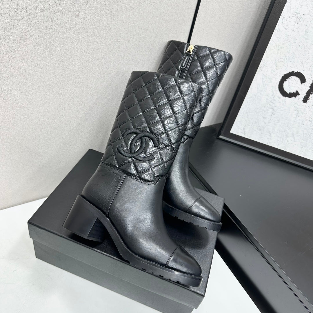 Quilted CC Logo Mid-Calf Combat Leather Boots
