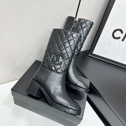 Quilted CC Logo Mid-Calf Combat Leather Boots
