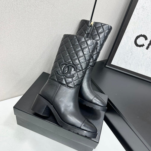 Quilted CC Logo Mid-Calf Combat Leather Boots
