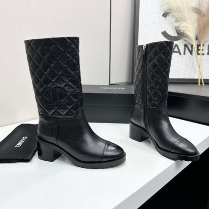 Quilted CC Logo Mid-Calf Combat Leather Boots