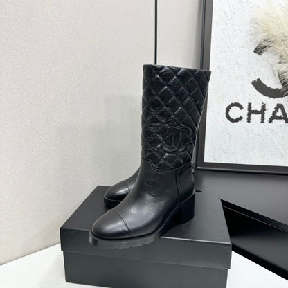 Quilted CC Logo Mid-Calf Combat Leather Boots