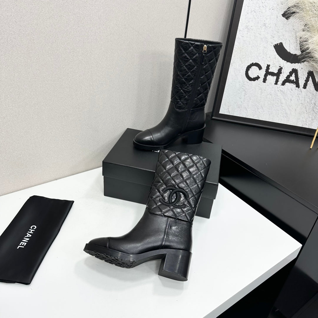Quilted CC Logo Mid-Calf Combat Leather Boots