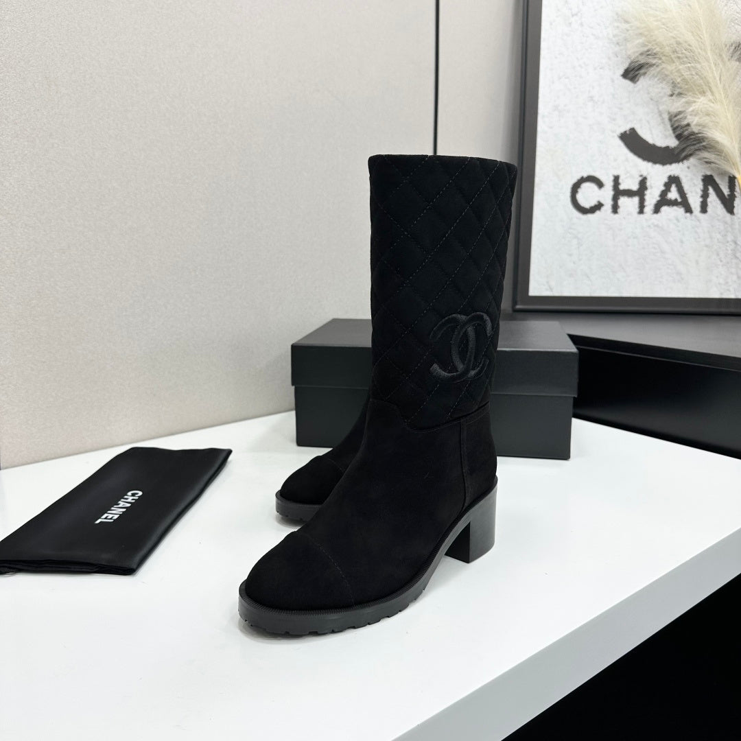 Black Quilted Suede Mid-Calf Boots Featuring The Iconic Interlocking CC Logo