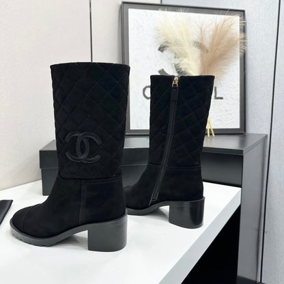 Black Quilted Suede Mid-Calf Boots Featuring The Iconic Interlocking CC Logo