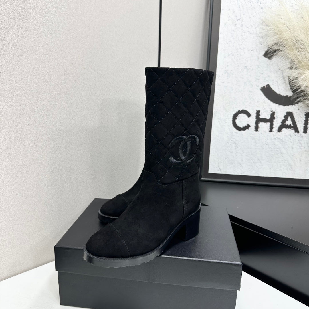 Black Quilted Suede Mid-Calf Boots Featuring The Iconic Interlocking CC Logo