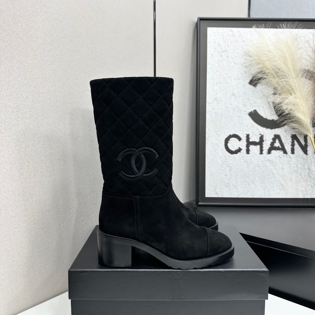 Black Quilted Suede Mid-Calf Boots Featuring The Iconic Interlocking CC Logo