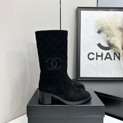 Black Quilted Suede Mid-Calf Boots Featuring The Iconic Interlocking CC Logo