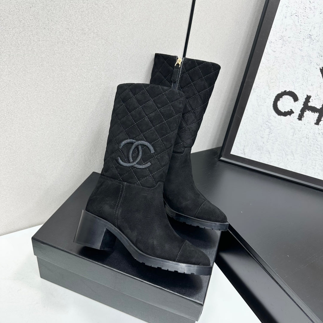 Black Quilted Suede Mid-Calf Boots Featuring The Iconic Interlocking CC Logo