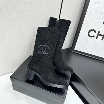 Black Quilted Suede Mid-Calf Boots Featuring The Iconic Interlocking CC Logo