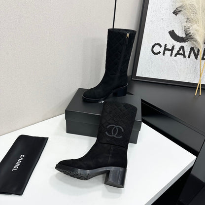 Black Quilted Suede Mid-Calf Boots Featuring The Iconic Interlocking CC Logo