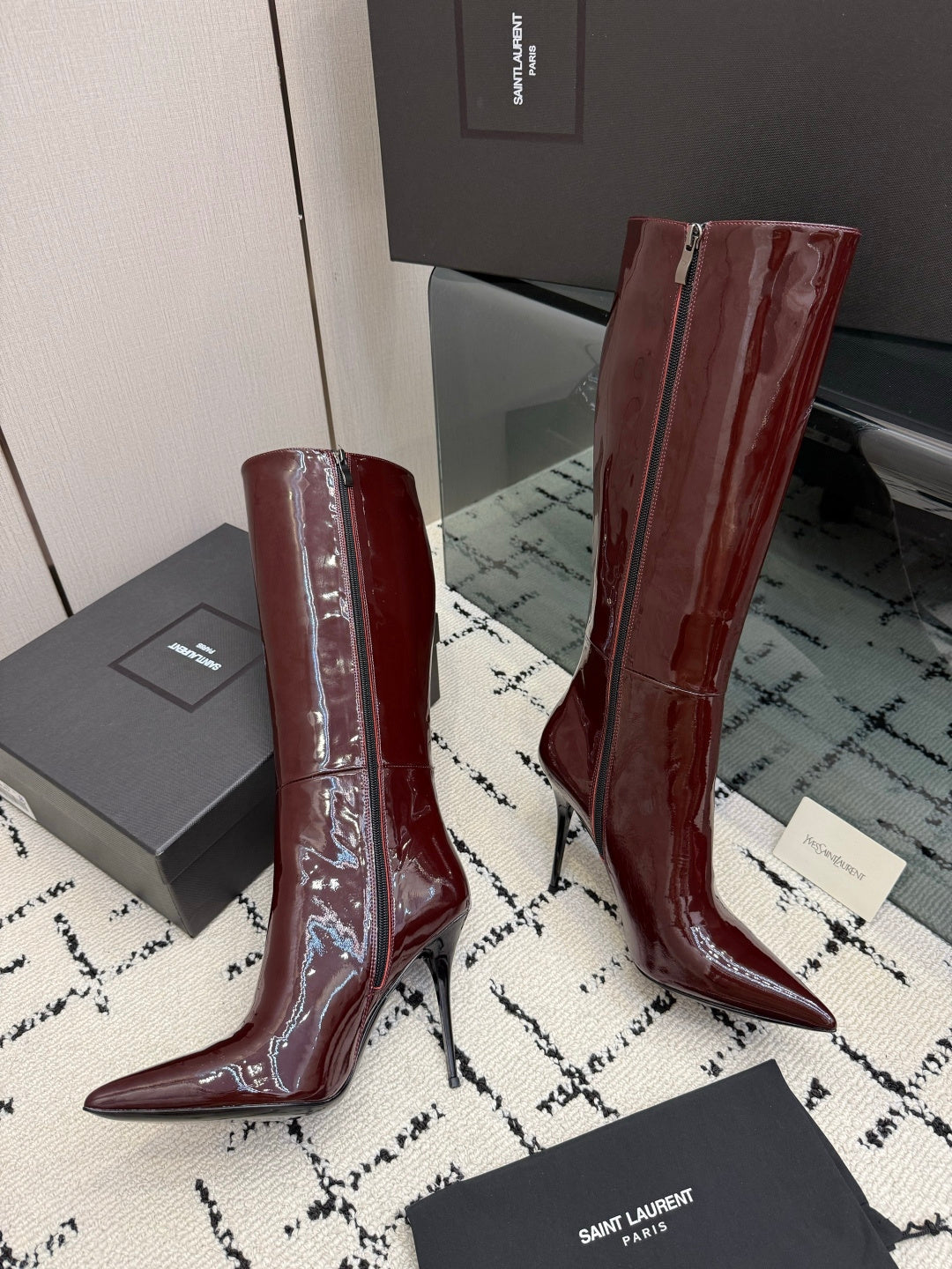 Shiny Knee-High Boots Featuring The Iconic Metallic Gold Cassandre Logo