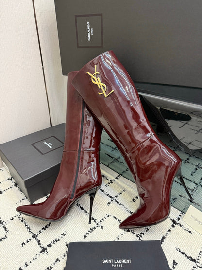 Shiny Knee-High Boots Featuring The Iconic Metallic Gold Cassandre Logo