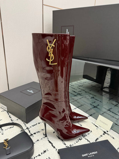 Shiny Knee-High Boots Featuring The Iconic Metallic Gold Cassandre Logo