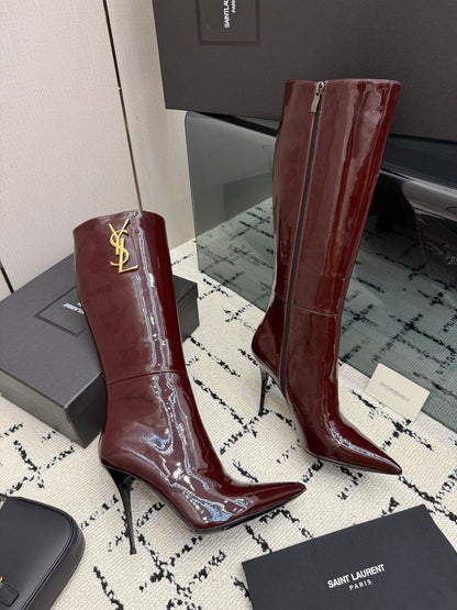 Shiny Knee-High Boots Featuring The Iconic Metallic Gold Cassandre Logo