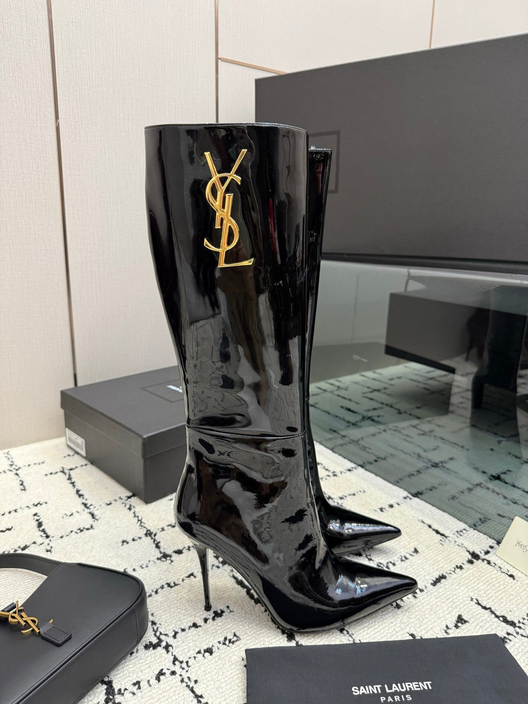 Shiny Knee-High Boots Featuring The Iconic Metallic Gold Cassandre Logo