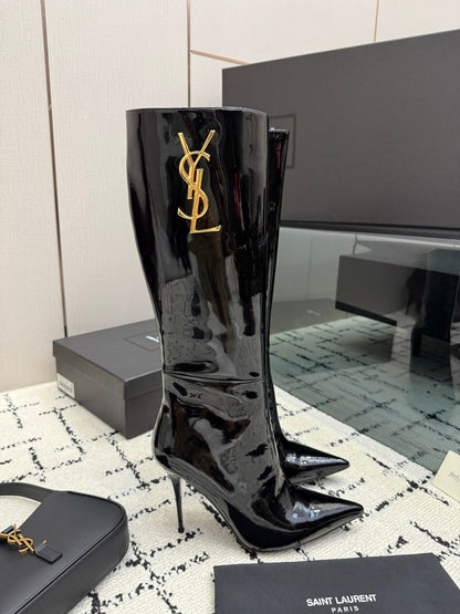 Shiny Knee-High Boots Featuring The Iconic Metallic Gold Cassandre Logo