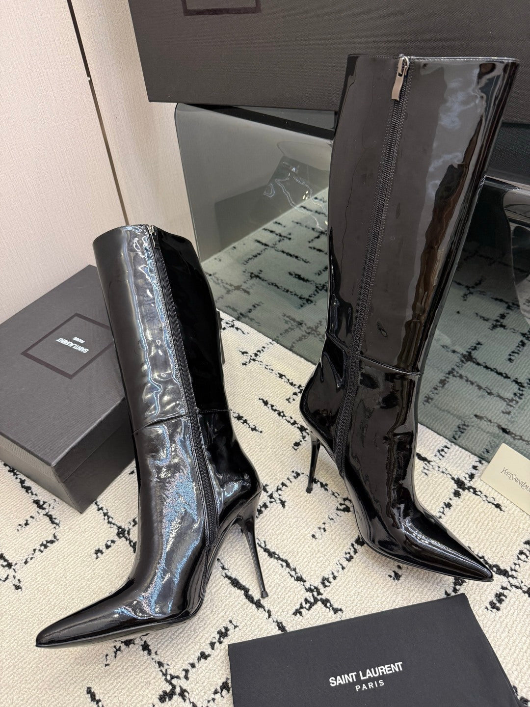 Shiny Knee-High Boots Featuring The Iconic Metallic Gold Cassandre Logo