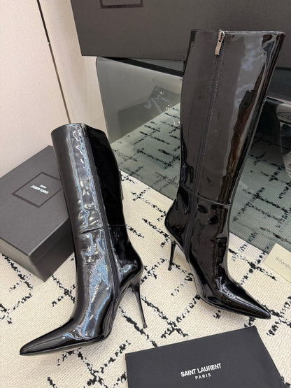 Shiny Knee-High Boots Featuring The Iconic Metallic Gold Cassandre Logo